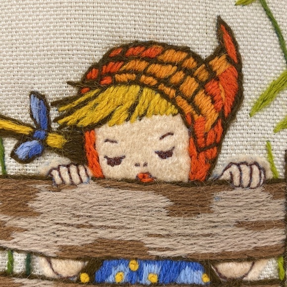Vintage 60's/70's Fully Embroidered Mini Accent Pillow "Girl by the Duck Pond" - Picture 4 of 11